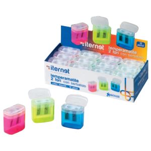 Temperino in plastica a 2 fori con serbatoio e coperchio