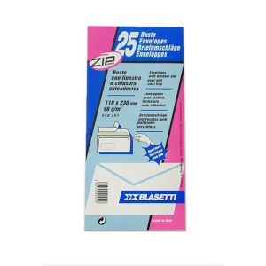 Buste con lembo strip formato 110x230 mm in carta bianca apertura zip con filo con finestra cf. da 25 pezzi